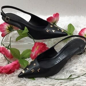 Karl Lagerfeld Sunday black logo letters slingback kitten heels NWOT